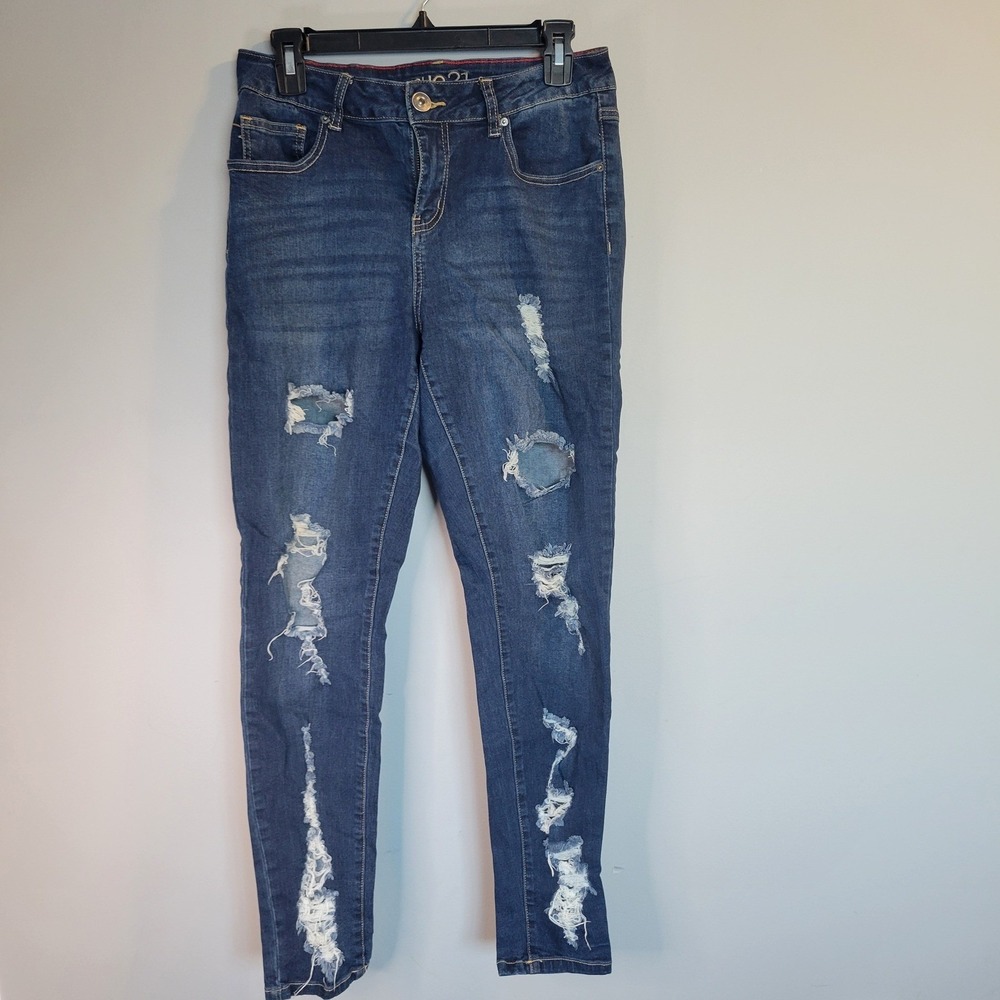 Rue21 Womens High Rise Jegging Size 10 Dark Wash Distressed Ripped Denim Jeans